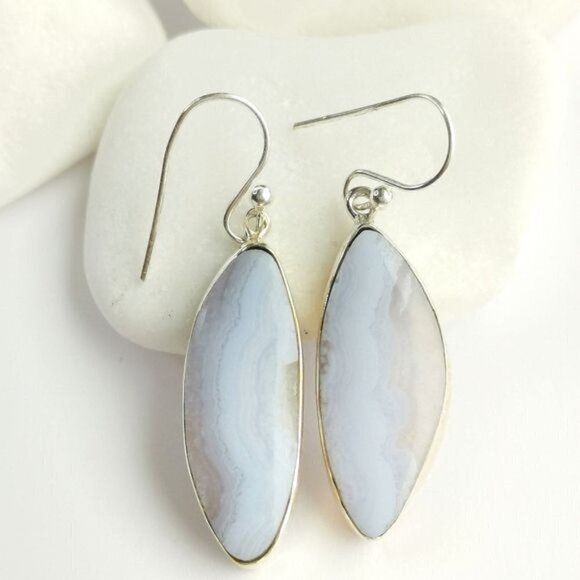 Blue Lace Agate freeform dangle earrings in Sterling Silver - Picture 9 of 9